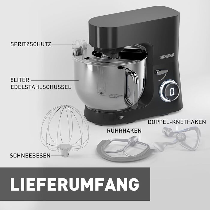 Кухонна машина Heinrichs 2500W з двома гаками для тіста, міксером та насадкою для збивання, 8 швидкостей, чаша 8л з нержавіючої сталі, тиха, з титановим покриттям