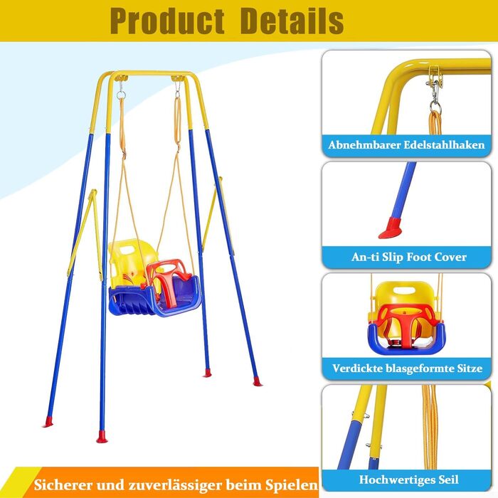 Дитяча гойдалка FCOUMY 3 в 1 для дому та вулиці з ременем безпеки, складаний металевий стійка, проста в збірці