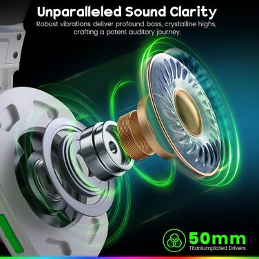 WG1 Bluetooth навушники для ігор: бездротові, з мікрофоном, для PS5, PS4, PC, Switch, Mac, LED-підсвітка, 50 годин роботи, Satinweiß