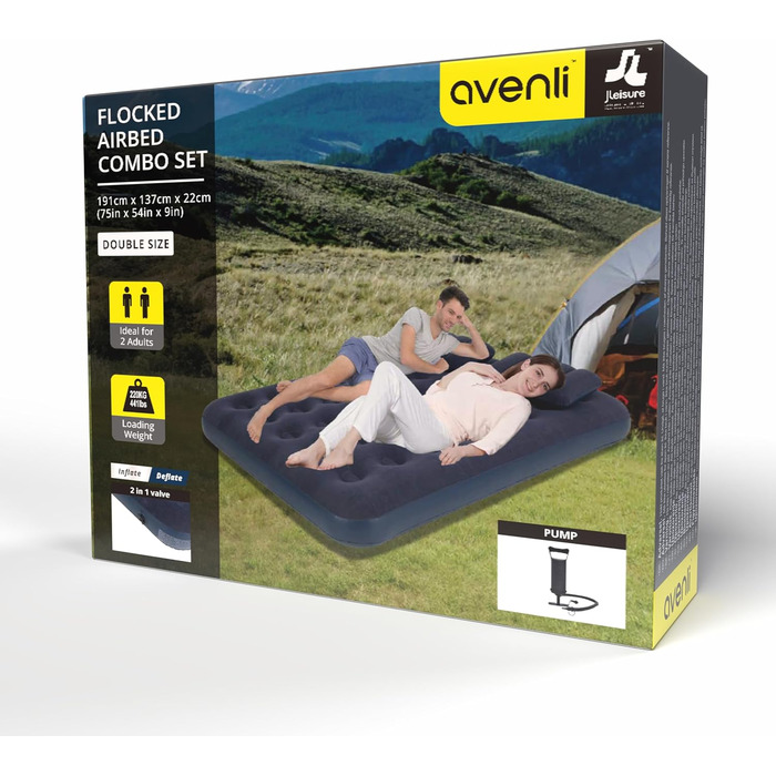 Надувний матрац-ліжко AVENLI для кемпінгу та дому (2 особи) з 2 подушками та насосом, 191x137x22 см