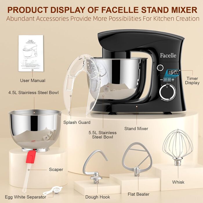 Кухонна машина Facelle 1500W з місткістю 5,5/4,5л: міксер, тістоміс, набір насадок, тиха робота (чорний)