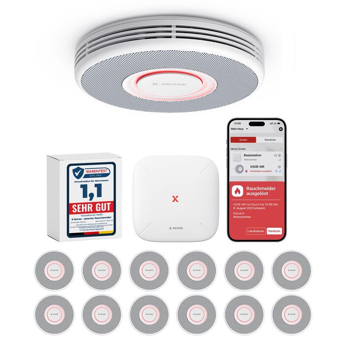 X-Sense Детектор диму з Wi-Fi, голосовим оповіщенням та 17 зонами, 33 мм, 12 шт. (з базовою станцією) Білий