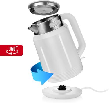 Електричний чайник Lehmann Edelstahl 2L, 2200W з подвійними стінками, автоматичним відключенням та захистом від перегріву, BPA-free, для великих сімей та офісів (Білий)
