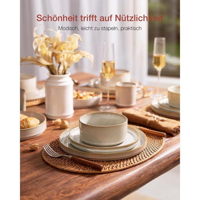 Набір тарілок Star 12 предметів для 4 осіб, керамічний посуд, стійкий до подряпин, для мікрохвильової печі та посудомийної машини, білий капучино