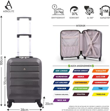Валіза Aerolite 55x38x20см ABS валіза для ручної поклажі Emirates Max. Розмір ручної поклажі з твердим корпусом на 4-х колесах, також підходить для багатьох інших авіакомпаній 5-річна гарантія (вугільно-сірий)