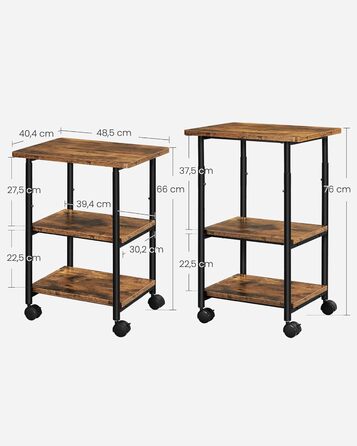 Столик для принтера VASAGLE з роликами, 3-рівневий, регульована стільниця, промисловий стиль, для офісу/кабінету, вінтажно-коричнево-чорний, OPS003B01V1