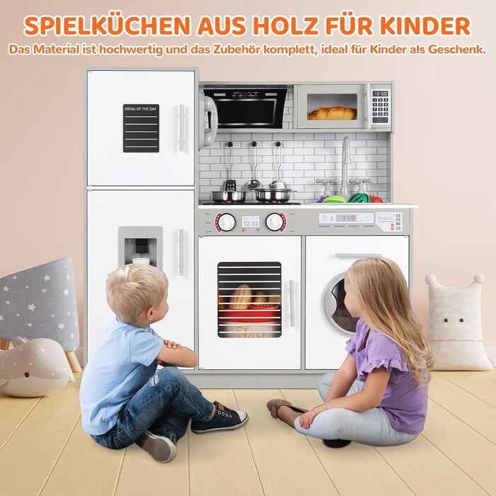 Дерев'яна дитяча кухня MAMIZO з підсвіткою та звуком, 82x80x25 см. Комплектація: аксесуари. Підходить для дітей від 3 років. Білий (сіро-білий) колір.