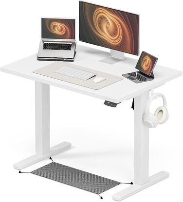 Регульований стіл 120x60 см, електричний з функцією пам'яті, столик для комп'ютера - стоячи/сидячи. Керування кабелями & гачки, регульований підйомний стіл для офісу та дому – білий
