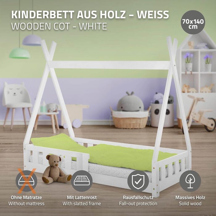 Дитяче ліжко-халапа Tipi 70x140 см біле з бортиками та ламелями, з сосни, індіанське ліжко для дівчаток та хлопчиків, будиночок-ліжко з огорожею, ліжко-халапа для дітей та підлітків, ігрове ліжко-намет