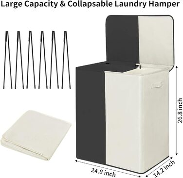 WOWLIVE Кошик для білизни 154L з кришкою, розкладний, 2 секції, з ручками, чорний+бежевий