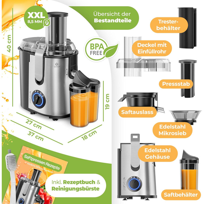 KESSER® Електрична центрифужна соковитискачка для фруктів та овочів з нержавіючої сталі 1100W, велика завантажувальна трубка, 3 швидкості, сірий/срібний колір