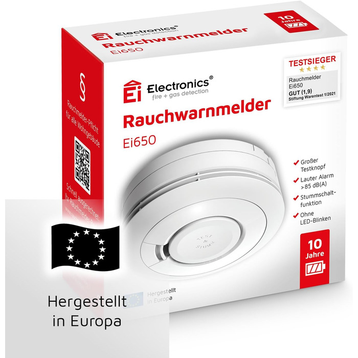 Датчик диму Ei Electronics Ei650, набір 5 шт, автономний, з батареєю на 10 років, білий, тестування Stiftung Warentest