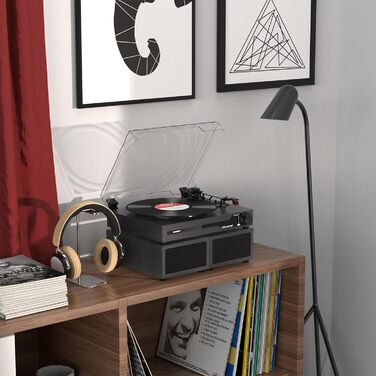 Вініловий програвач Udreamer з Bluetooth 5.3, двома стереодинаміками, підтримкою 3 швидкостей, AUX, RCA, USB, ретро дизайн, чорний