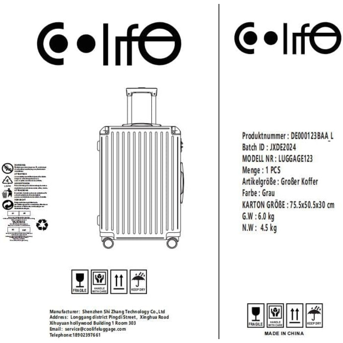 Візок COOLIFE ABS Hard Shell, замок TSA, телескопічна ручка, 4 колеса, сірий, великий