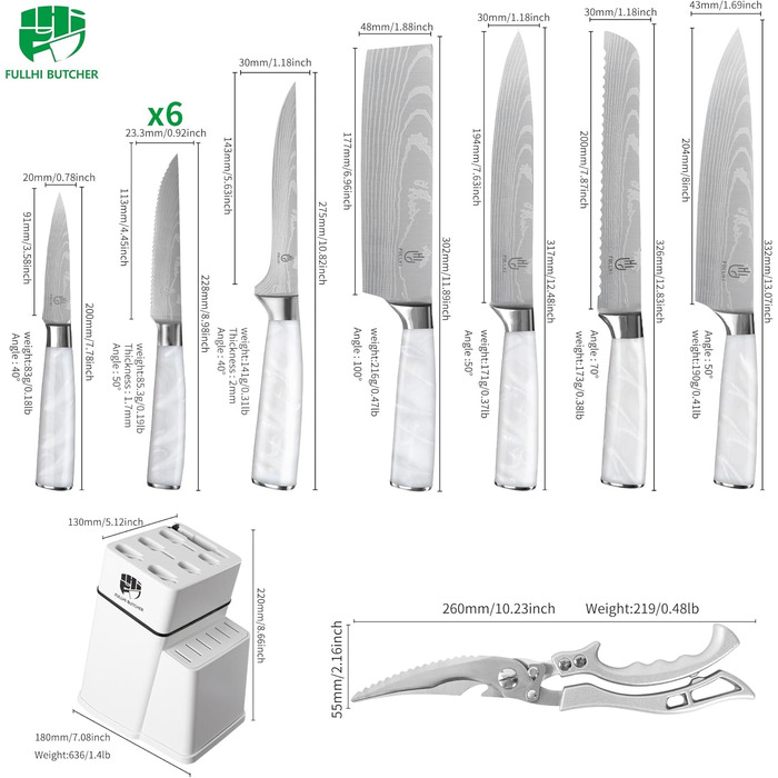Набір кухонних ножів Fullhi 14 предметів у бруску з точилкою: кухонні ножі, ножі для стейку, багатокольорові ручки. Чудовий подарунок для чоловіків та жінок.