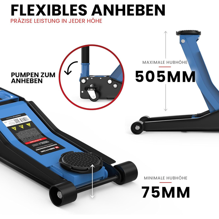 Гідравлічний домкрат 3T низькопрофільний 75-505мм з гумовими накладками для легкових авто та SUV – професійний, на колесах 360° (блакитний)