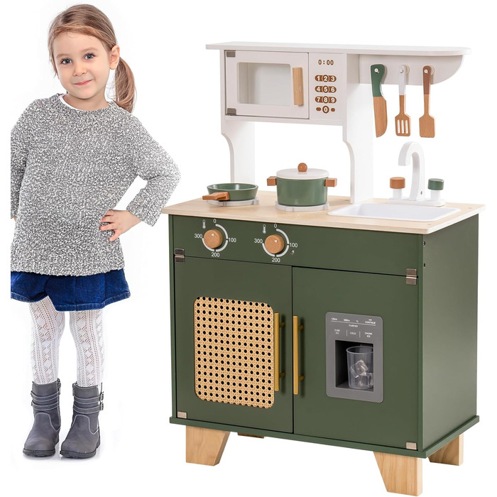 Дерев'яна дитяча кухня ROBOTIME Retro з аксесуарами, мікрохвильовка, диспенсер для льоду, шафка з ротангу, зелений колір, для дітей 3-8 років