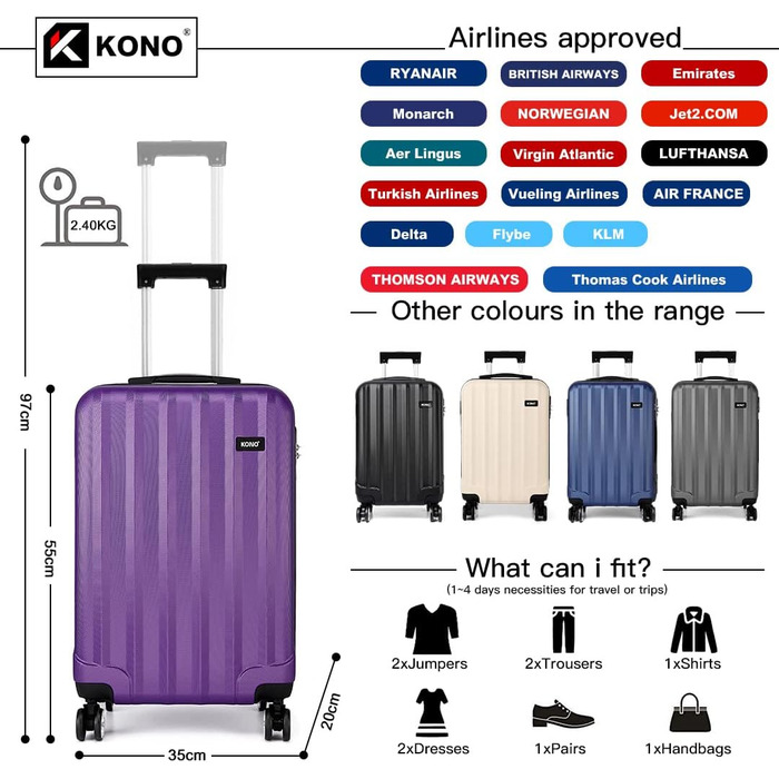 KONO Легкий ручний багаж, 55 x 35 x 20 см, жорсткий корпус, ABS, 4 колеса, ручна поклажа, валіза (фіолетовий)