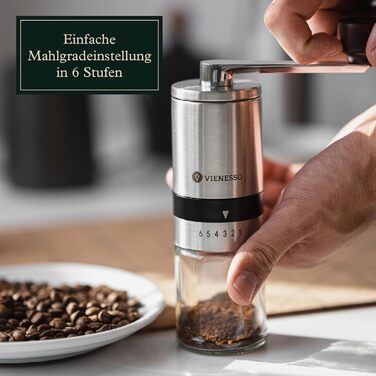 Ручна кавомолка з нержавіючої сталі з керамічним жорном | 6 ступенів помолу | для еспресо та фільтр-кави | ідеальна для дому | срібна