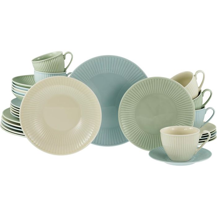 CreaTable Серія Valencia Pastell: 30-ти частинний сервіз для 6 осіб з порцеляни (кремовий, блакитний, зелений). Сумісний з мийною машиною та мікрохвильовою піччю, Made in Europe
