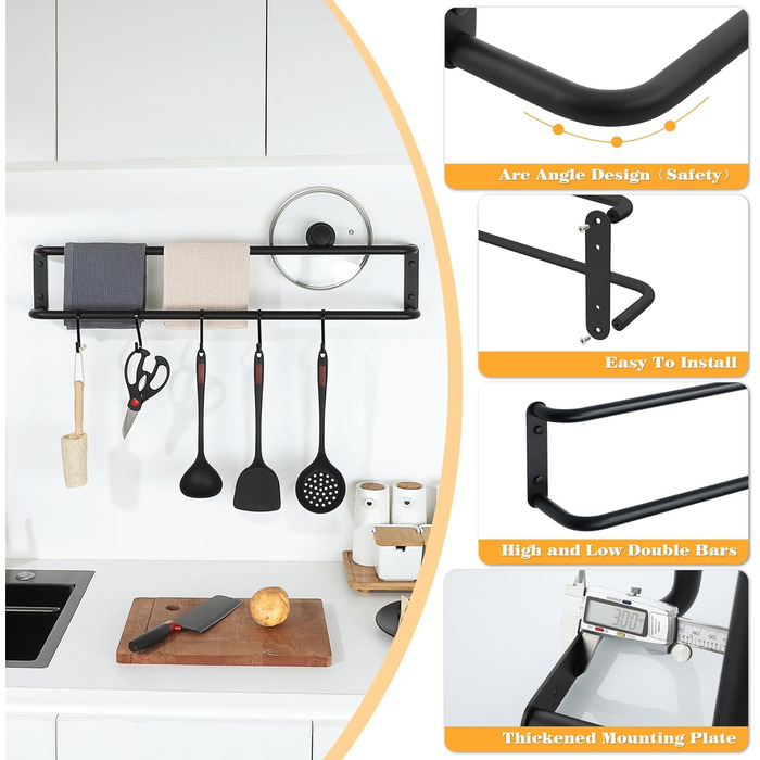 Тримач для рушників подвійний, 80 см, нержавіюча сталь 304, чорний колір, для ванної кімнати та кухні