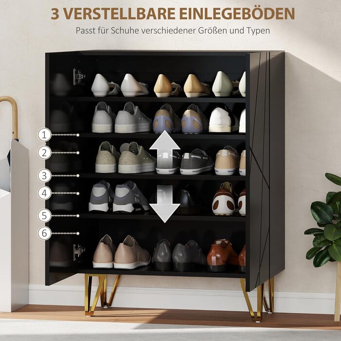 Шафа для взуття HOMCOM з 2 дверцятами, 3 регульовані полиці, на 15-20 пар, чорна, 72 x 31,5 x 95 см