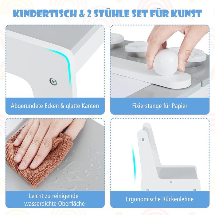 Дитячий стіл COSTWAY 3 в 1 з 2 стільцями, активний стіл-мольберт з підйомною стільницею, набір кольорів, 6 тканинних контейнерів та рулон паперу, сірий, 109x60x55 см