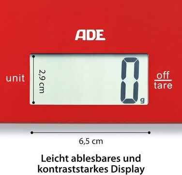 Цифрові кухонні ваги ADE KE 1800-3 Leonie (електронні ваги для кухні та домашнього господарства, надзвичайно плоскі, точне зважування до 5 кг, додаткова функція зважування) (червоний)