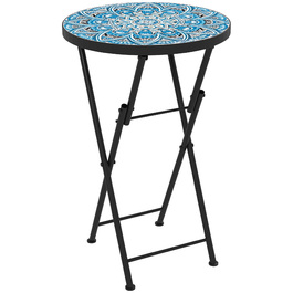 Outsunny Side Table Складаний садовий стіл з мозаїчним дизайном, Ø35,5 x 55 см Круглий стійкий до погодних умов металевий балконний стіл, Кемпінговий стіл Розкладний стіл Журнальний столик для вітальні, офіс, Відкритий Внутрішній, Синій, Синій