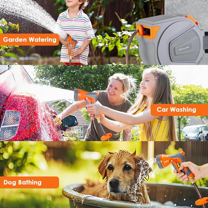 Шланговий барабан з шлангом для саду, настінний, поворотний на 180°, автоматичне змотування, шланговий бокс з ручною лійкою (9 функцій), для поливу, миття авто (сіро-помаранчевий, 20м)