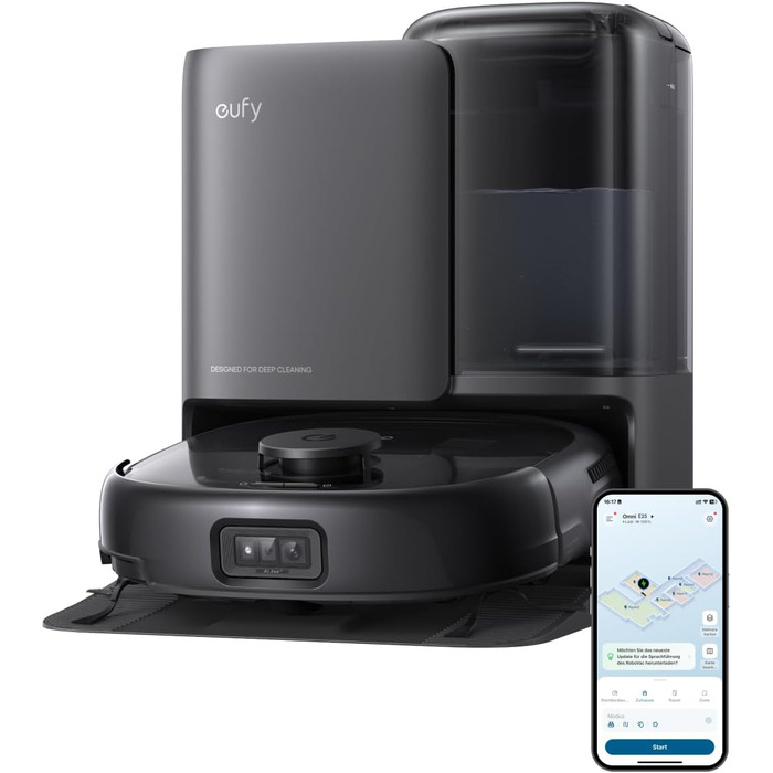 Робот-пилосос Eufy Omni E25 HydroJet з функцією миття, 20000Pa, Turbo-сила всмоктування, щітки DuroSpiral, CornerRover для кутів, станція All-in-One, для тварин та дітей