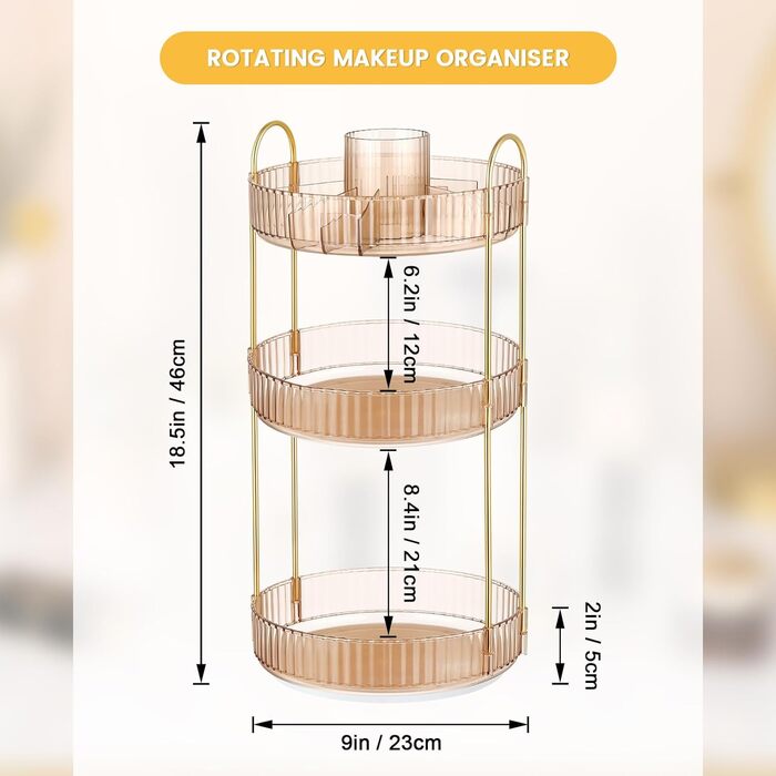 Органайзер Otauoaea Make Up, косметичний органайзер, що обертається на 360, з відділеннями великої місткості, багатофункціональний органайзер Макіяж для туалетного столика Ванна кімната Спальня (3 шари, бурштин) Бурштиновий 3 шар