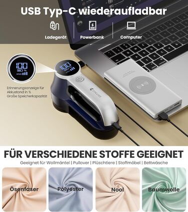 Електричний видалення ворсу CuieTuee з LED-підсвічуванням, USB-зарядка, 3 швидкості, 2000mAh, для одягу, білий (темно-синій)