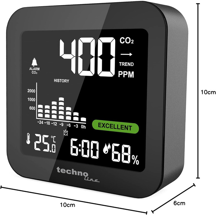 Монітор CO2 Techno Line WL1025 - акумуляторний, чорний, для контролю якості повітря