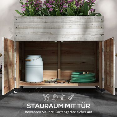 Підвищене грядка на колесах, з полицею, внутрішнім покриттям, ефект потертостей, 110x50x95 см, білий