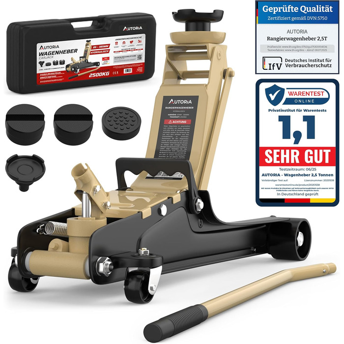 Гідравлічний домкрат Wagenheber 2.5T низькопрофільний для легкових авто та авто з заниженою підвіскою, до 2500 кг, бежевий + 3 гумові накладки та адаптер