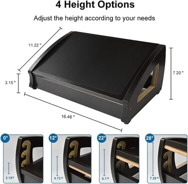 Підставка під ноги StrongTek для столу, дерево, для роботи, 3 положення висоти, ергономічна, антиковзаюча, покращує поставу та кровообіг, до 181 кг, чорна