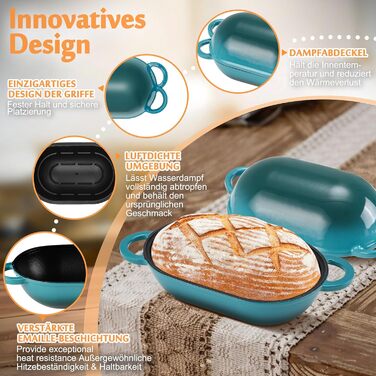 Форма для випікання хліба з кришкою Gusseisen, 23 см, емальована чавунна форма, 2.75 л, для випікання хліба, жаровня з кришкою, сумісна з духовкою (перехідний колір блакитно-зелений)