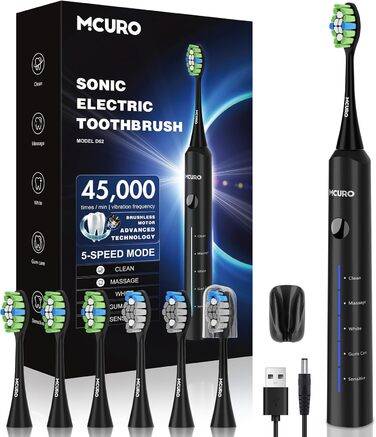 Електрична звукова зубна щітка, 45000 VPM, відбілювання за 1 тиждень, 120 днів роботи від акумулятора, індикатор заряду, 6 насадок DuPont, 5 режимів, таймер, чорна