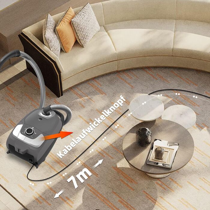 Пылесос Akitas C11 900W с мешком – сетевой шнур 7 м, радиус действия 10 м, тихая работа 70 дБ, с дополнительной насадкой для пола, регулируемая мощность всасывания, большой объем, для твердых полов и ковров