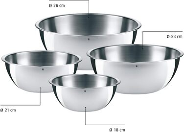 Набір кухонних мисок WMF Gourmet 4 шт. з нержавіючої сталі, 0,75л - 2,75л, миски для приготування, салатники, сервіровочні миски, Cromargan, з можливістю складання