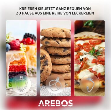 Arebos Ретро кухонна машина 1800W рожева | Міксер з чашею 6л з нержавіючої сталі | Тиха робота | З набором насадок (крюк для тіста, вінчик, насадка для збивання) | 6 швидкостей