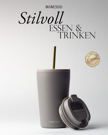 Термокружка MAMEIDO з трубочкою 470 мл, з кришкою та нержавіючою сталі, з подвійними стінками, ізольована, не протікає, для кави на виніс (Taupe Grey) 470 мл, Taupe Grey