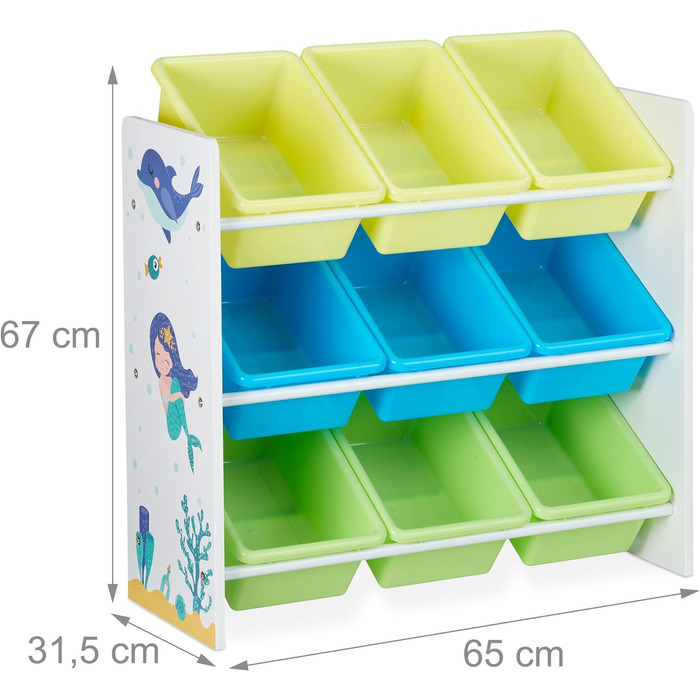 Дитяча полиця Relaxdays, 9 коробок для зберігання, мотив русалки, МДФ, пластик, полиця для іграшок HBT 67x65x31.5 см, барвистий