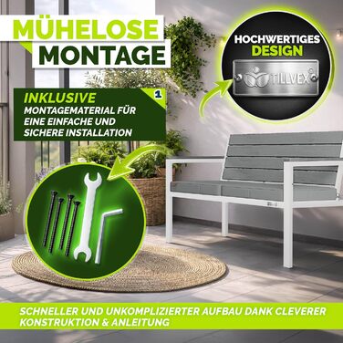 Садова лавка Tillvex® 3-4 місця з подушками та чохлом, вулична, стійка до погодних умов, деревоподібна, до 300 кг, сіро-біла (130 см)