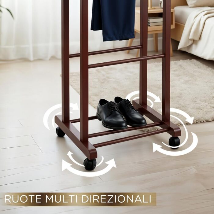 Дзеркало-вішалка для одягу Mottiwood, бук, горіх, подвійний стійкий дзеркало-вішалка з 4 колесами