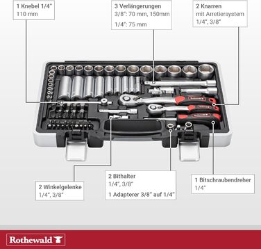 Набір інструментів Zoll 92 частини, з висувними бітотримачами для дюймових біт, тріскачкою з дрібним зубом, сталь Cr-V сіро-червоний