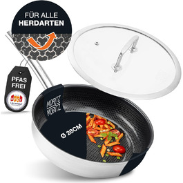 Сковорода з нержавіючої сталі Moritz & Moritz з кришкою 28 см з керамічним покриттям нового покоління - підходить для всіх типів плит - антипригарна сковорода з вафельною структурою для приготування, смаження та тушкування. Діаметр 28 см