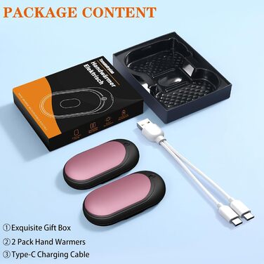 Електричний підігрівач для рук, перезаряджається, 2 шт. з акумулятором 6000mAh, USB-кабель, 3 режими нагріву, 20 годин тепла, підігрівач для кишені, для активного відпочинку взимку (чорний, рожевий)