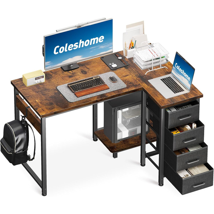 Комп'ютерний стіл Coleshome L-подібний, 120x70 см, 4 шухляди, для офісу/кабінету/спальні, вінтажний коричневий